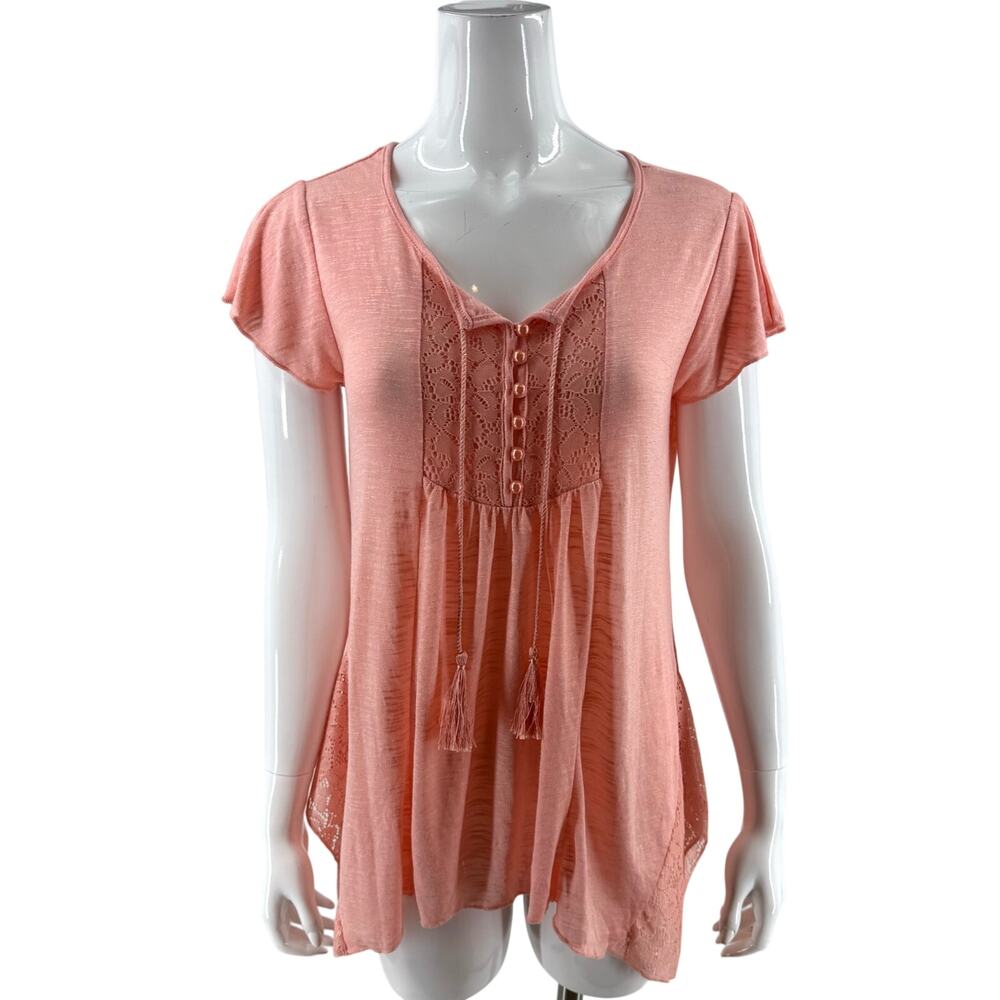One World Live Let Live Womens Tunic Top Size Small Peach Pink Boho Tassel Tie